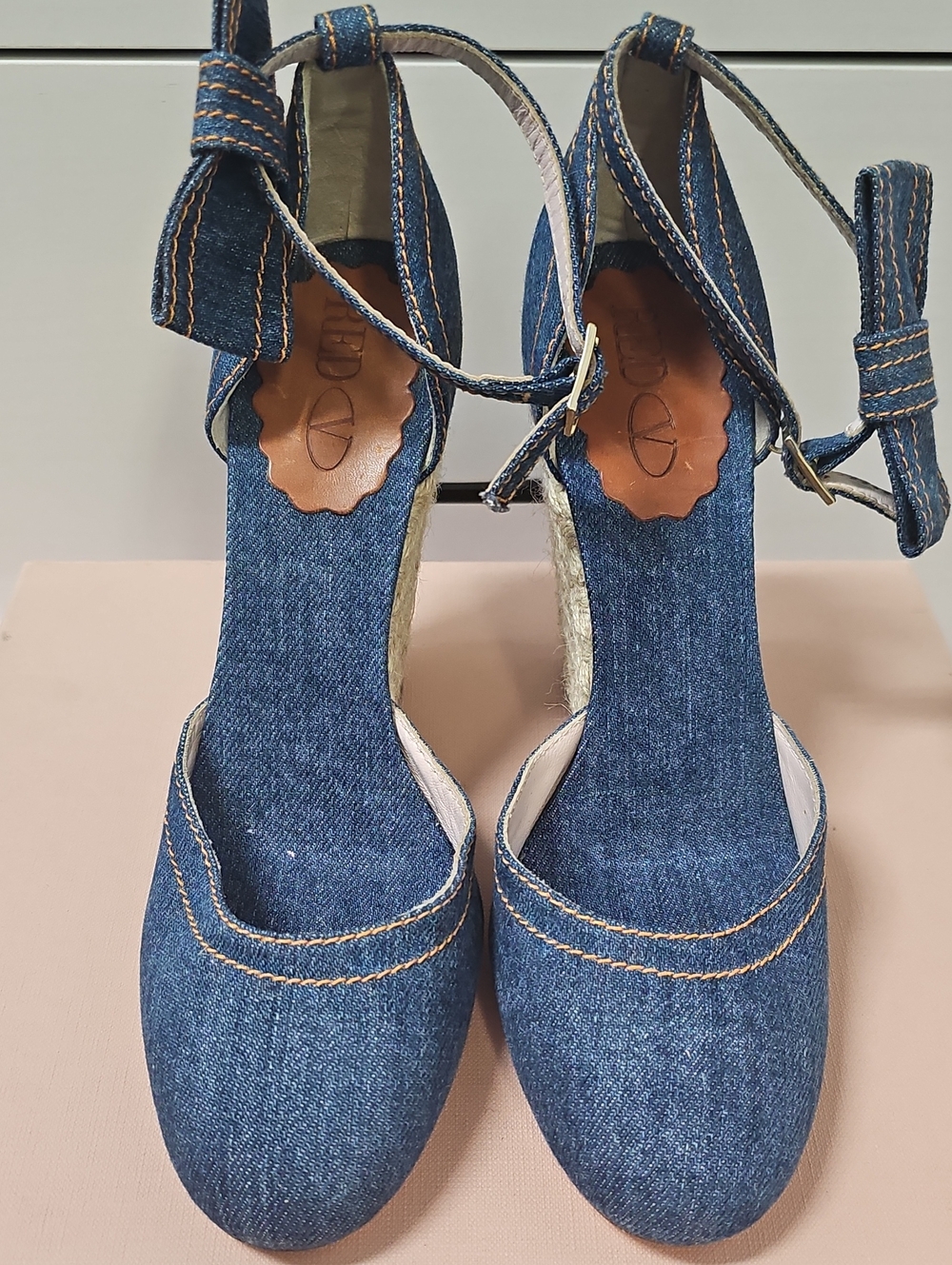RED Valentino Blue Denim Bow Wedge Sandals